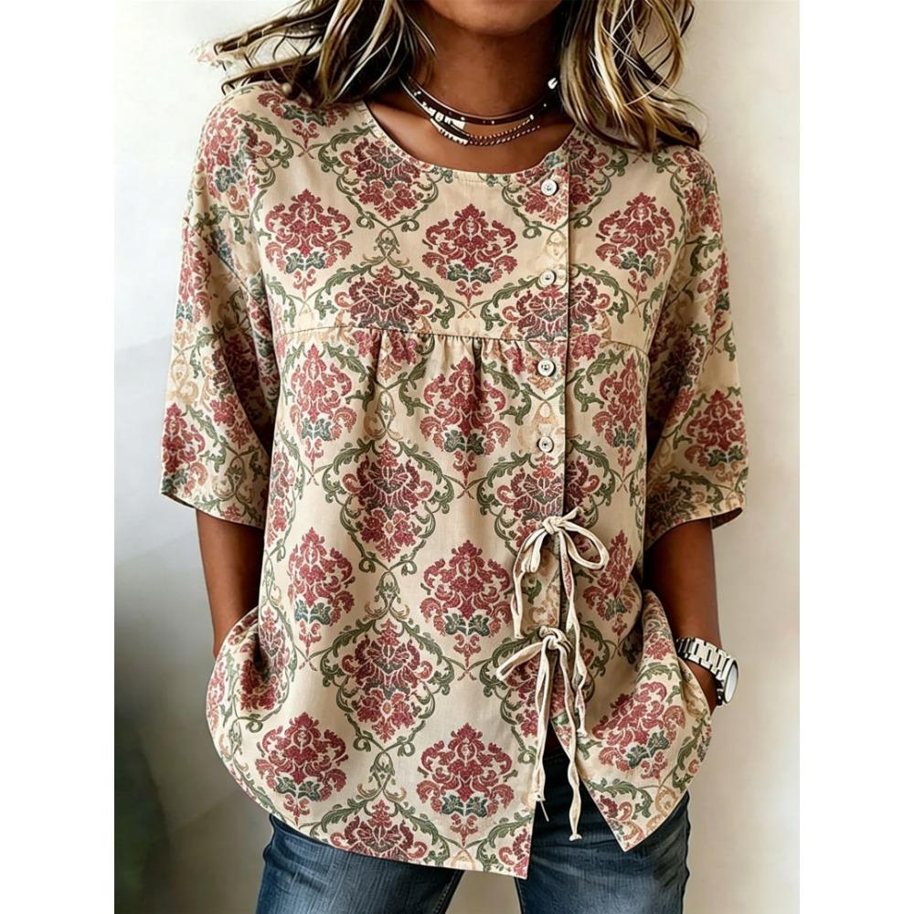 Women's Vintage Damask Floral Print Drawstring Button Up Blouse, Casual Round Neck Tops for Spring Summer Daily Vacation Wear