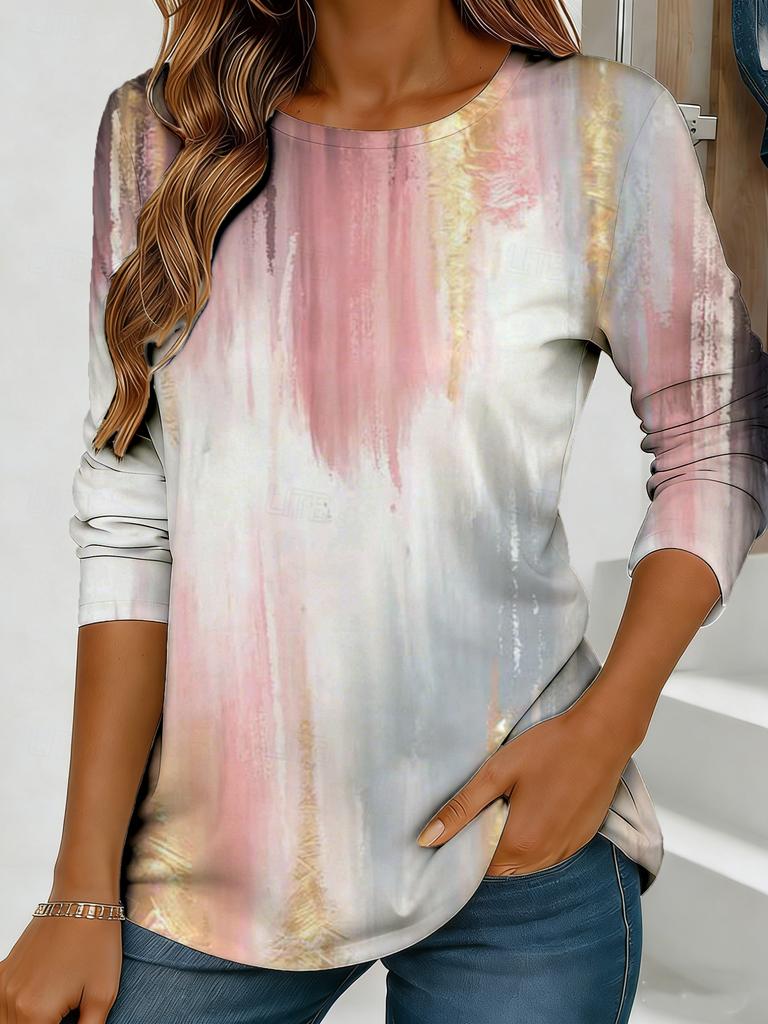 Women's abstract watercolor print long-sleeved loose round neck top, casual everyday street style with elegant design.