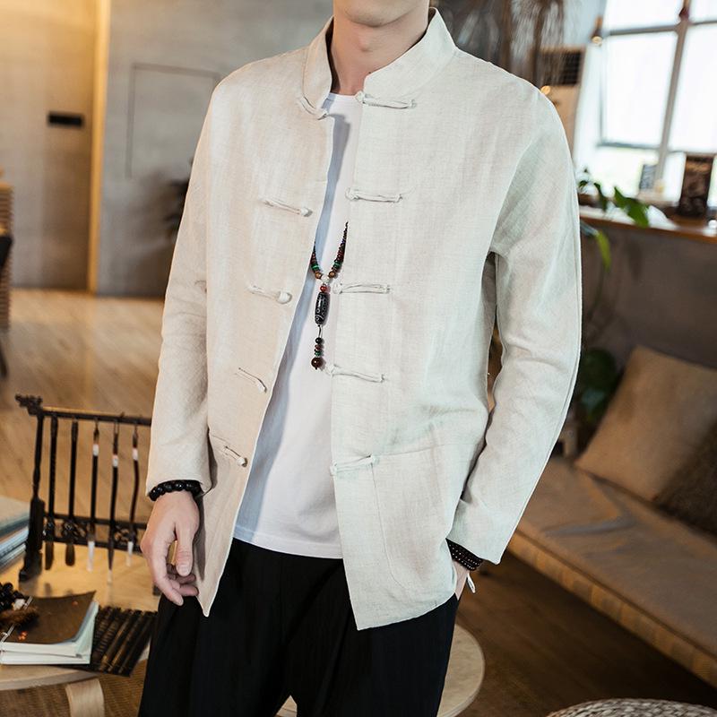 Men's Chinese-Style Long-Sleeve Linen Shirt with Stand-Up Collar - Retro Casual Top