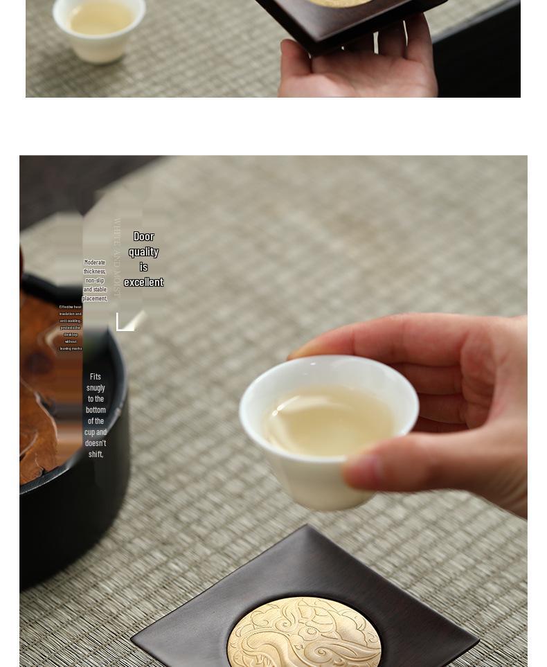 Suport pentru cești de ceai din lemn masiv cu incrustație de cupru – Pad izolator anti-opărire pentru birou și accesorii pentru set de ceai Kung Fu