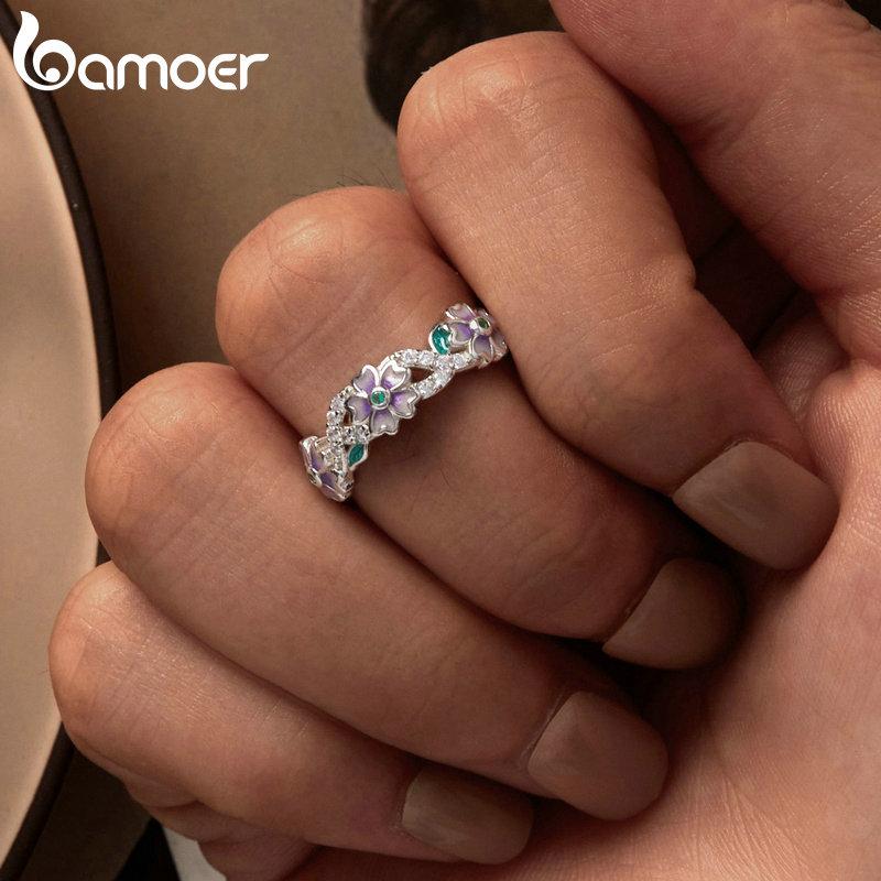 BAMOER 925 Sterling Silver Purple Wreath Ring Flower Finger Ring Original Design Fine Jewelry Gift for Women Party