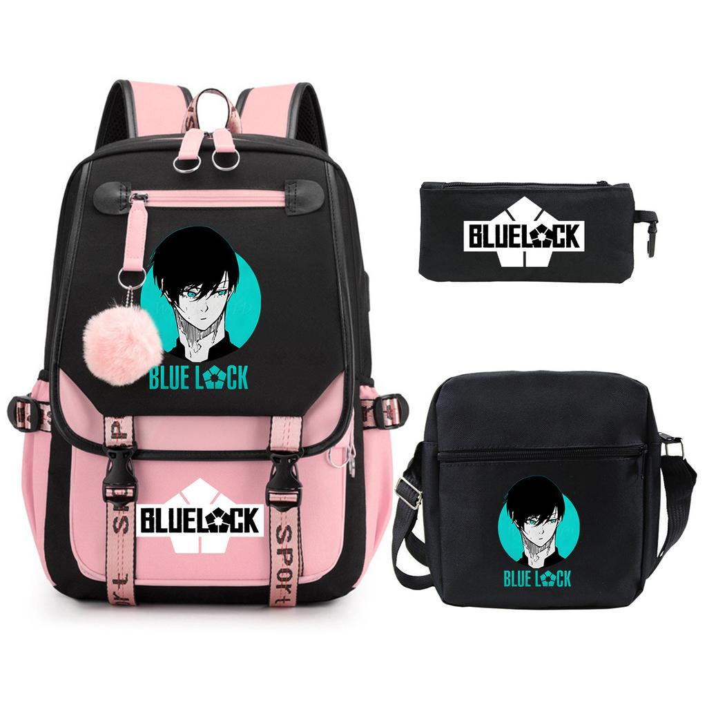 Blue Prison Student School Bag Large Capacity Children'S Shoulder Bag Casual Pencil Bag Set