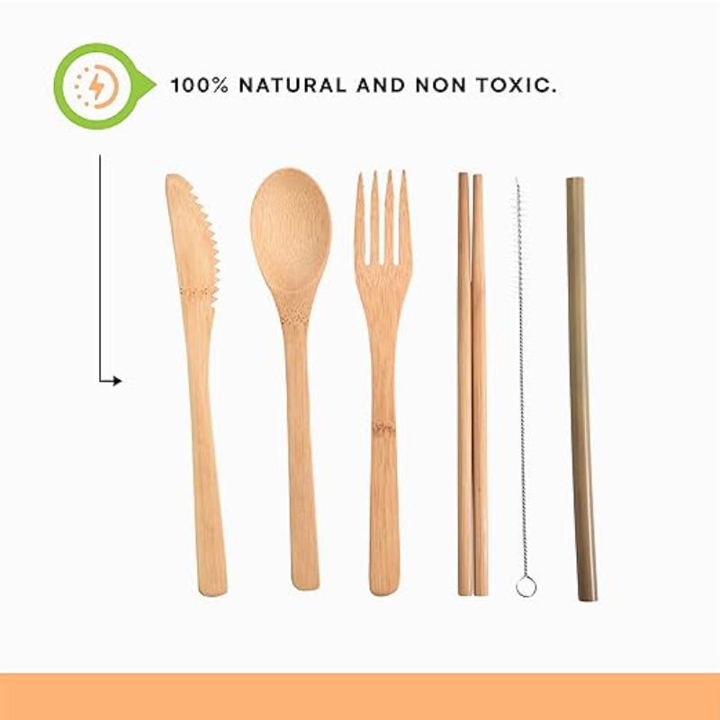 Bamboo Utensils Cutlery Reusable Cutlery Travel Set Bamboo Spoon Fork Knife Brush Chopsticks Straw Portable Utensils with Case