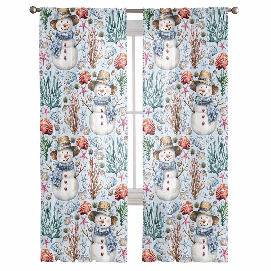 Jul Vinter Hav Snögubbe Korallgardiner För Vardagsrum Sovrum Hemdekoration Fönster Voile Tygtyll Gardin Draperier