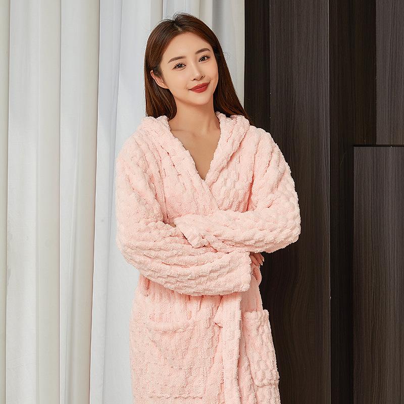 Coral Fleece Plaid Bathrobe - Soft, Thick, Long Sleeve, Unisex Pajamas