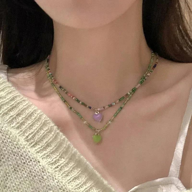 Candy Color Heart Beaded Necklace Sweet Romantic Pink Heart Pendant Earrings Freshwater Pearl Contrast Earring Korean Design