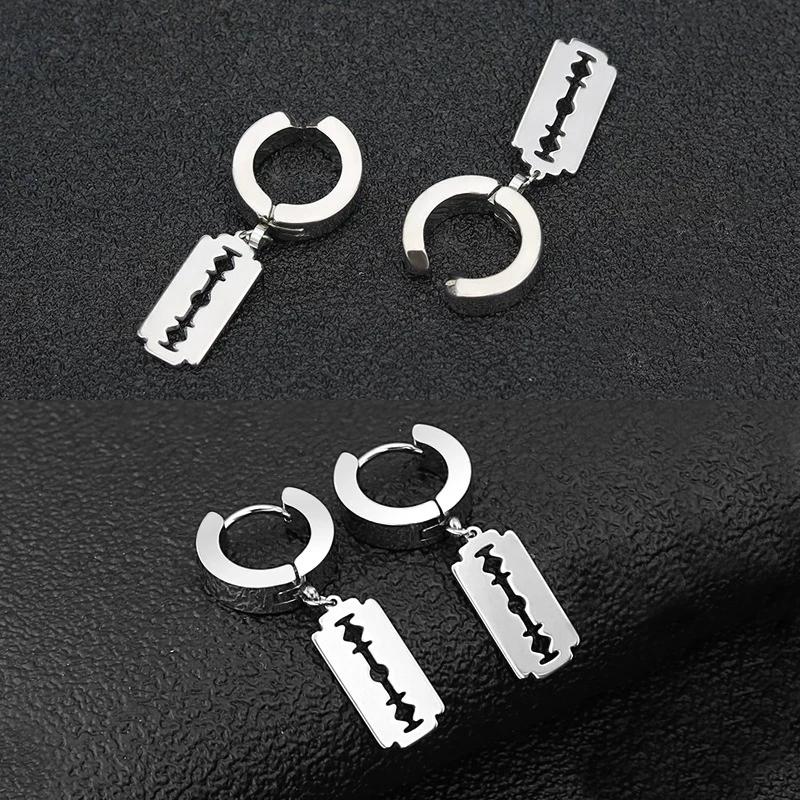 1Pair Punk Gothic Stainless Steel Stud Earring Creative Blade Pendant Punk Rock Razor Blade Earrings Gothic Hip-hop Ear Zircon