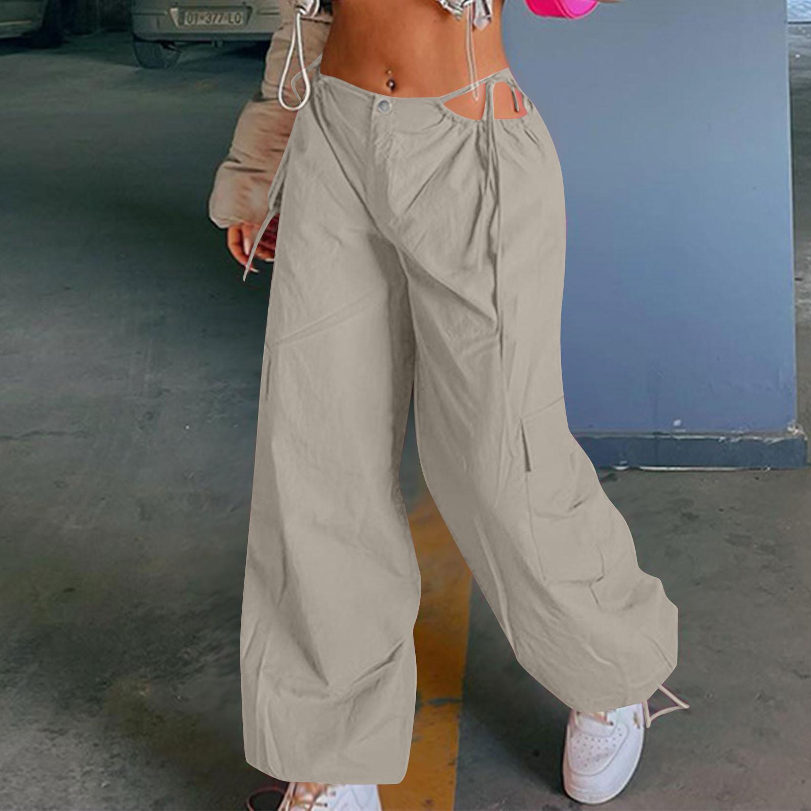 

Мешковатые брюки-карго для женщин Длинные брюки-карго с высокой талией Плиссированные брюки-карго с регулируемым ремнем-веревкой для женщин M