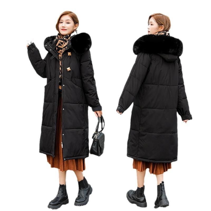 Mid-length cotton jacket autumn and winter women's down cotton jacket with hood thickened jacket 2025 Korean version loose plus size padded jacket
