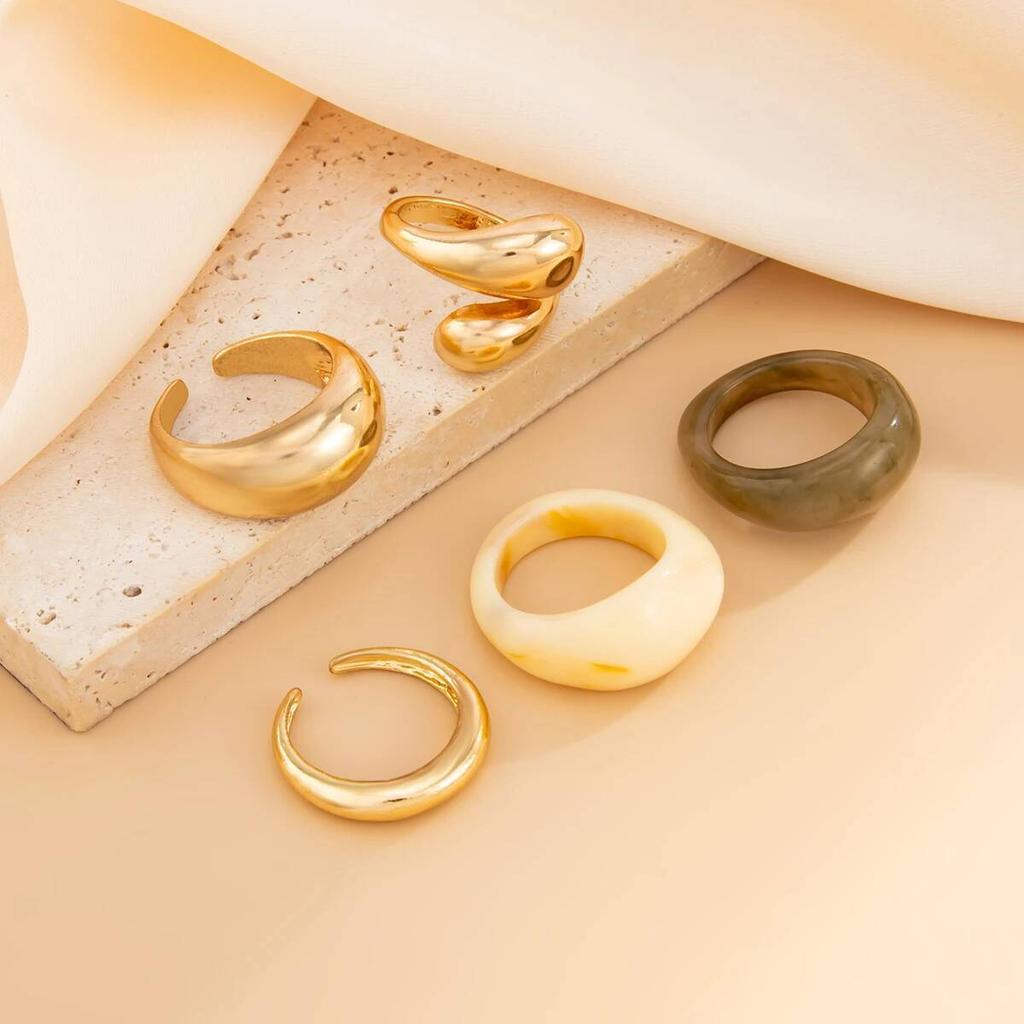 Ingemark 5Pcs/Set Y2K Boho Resin Acrylic Finger Rings for Women New Trend Vintage Alloy Adjustable Ring Daily Couple Jewelry Men