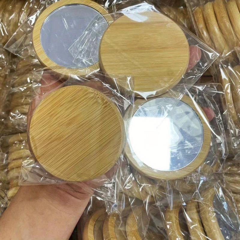Bamboo and Wood Makeup Mirror Small Gift for Parties and Weddings, Wooden Round Mirror