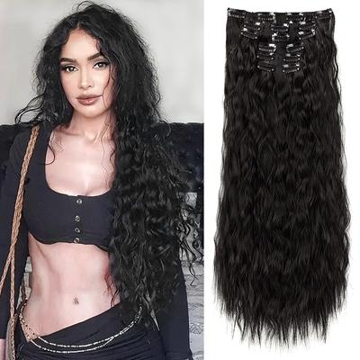 Extensiones de cabello sintético con clip, extensiones de cabello largo, ondulado y rizado, 6 piezas, extensiones de cabello naturales suaves y gruesas para cabeza completa