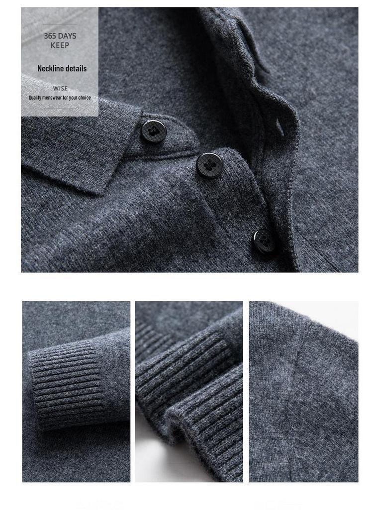 Men's 100% Pure Wool 9-Pin Lapel Sweater, 430g Thickened Base Layer for Middle-Aged Business Casual, Plain Knit.