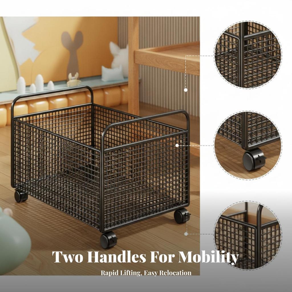 Mobile book trolley, open wire mesh storage trolley with handles, furniture