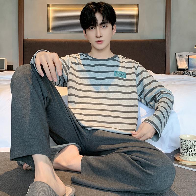 Męski bawełniany zestaw piżamowy z długim rękawem - Casualowy, luźny krój, plus size, styl koreański na jesień i wiosnę