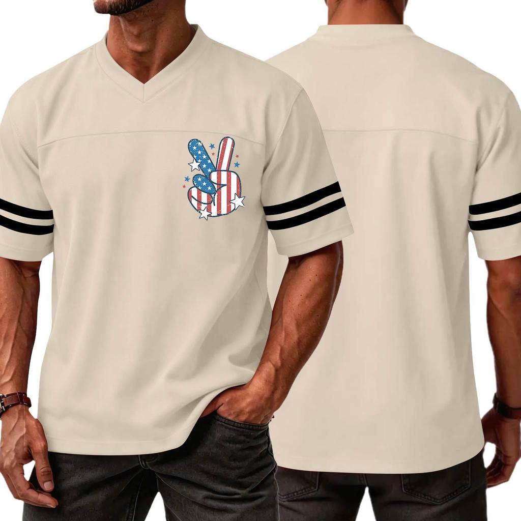 Men V Neck Casual Short Sleeve Jersey Shirt with Independence Day Print and Striped Sleeves for Sports and Wear