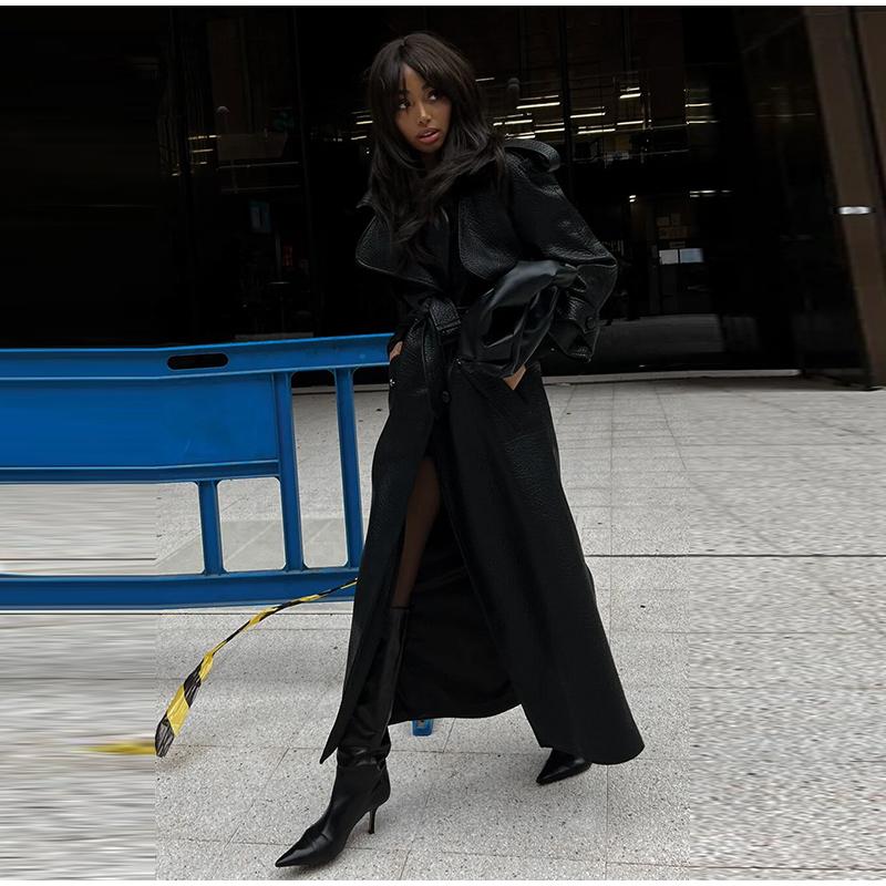 Street Vintage Long Leather Jacket Women Double Breasted Lapel Lace Up Full Sleeve Belt Jackets 2025 Spring Fashion Lady Outwear