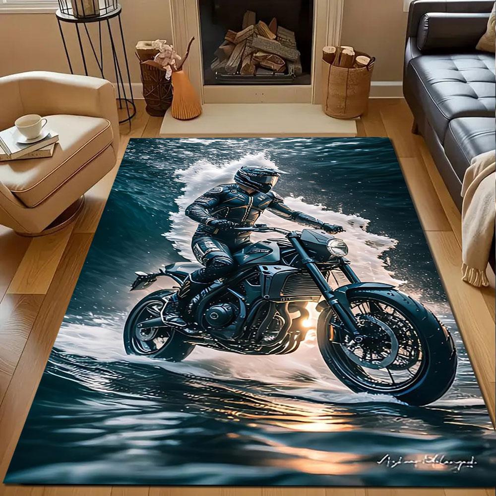 "Rider On Motorcycle Over Ocean Waves" Patterned Carpet, Non Slip Mat Suitable for Living Room and Bedroom Sofas