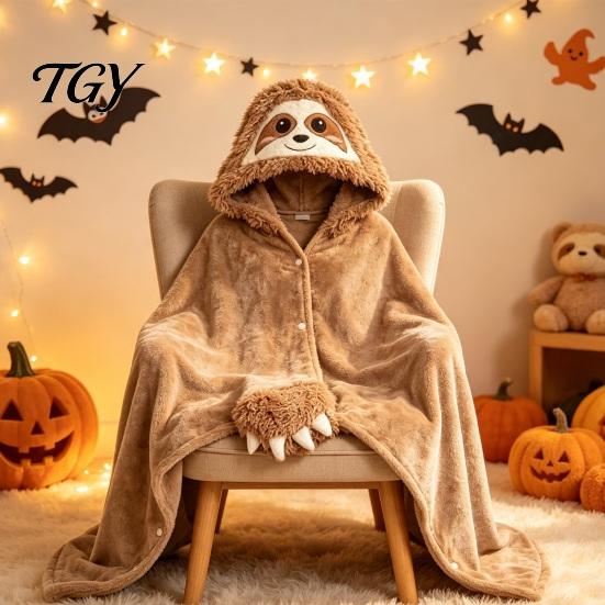 Versatile Pajama Cloak Halloween Wearable Blanket Hoodie, Cozy Hooded Highland Cow Cape, Soft Plush Sloth Black Cat for Women Home Loungewear