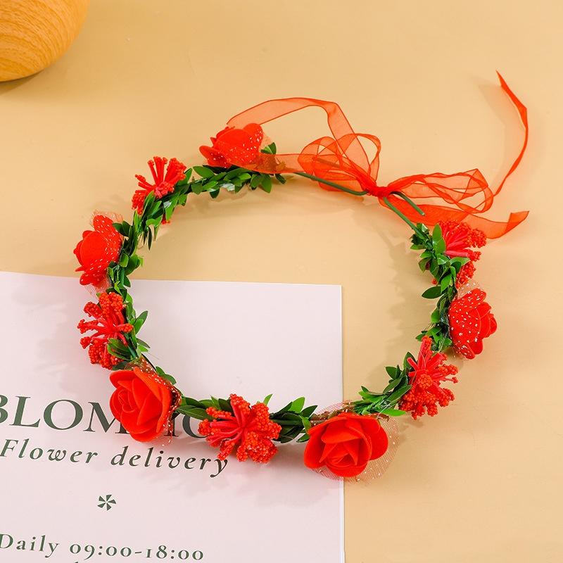 Ribbon Hairband Fabric Floral Hair Hoop Flower Wreath Headband Adjustable Artificial Rose Headband For Beach Parties Summer