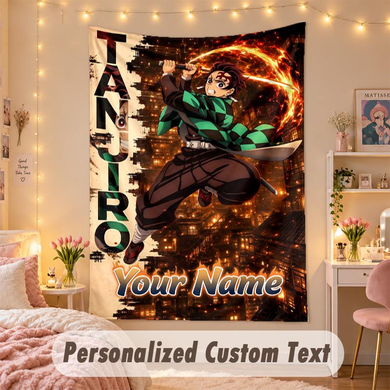 Custom Personalized Tapestry,Demon Slayer Print Custom Name Text Wall Art Hanging for Bedroom