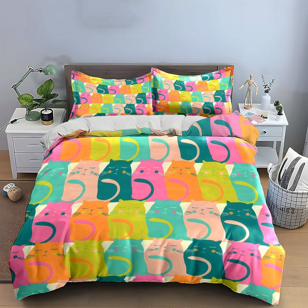 Colorful Cat Pattern Decorative Set Soft Skin-Friendly Bedding Set Includes 1 Duvet Cover And 2 Pillowcase, Gift