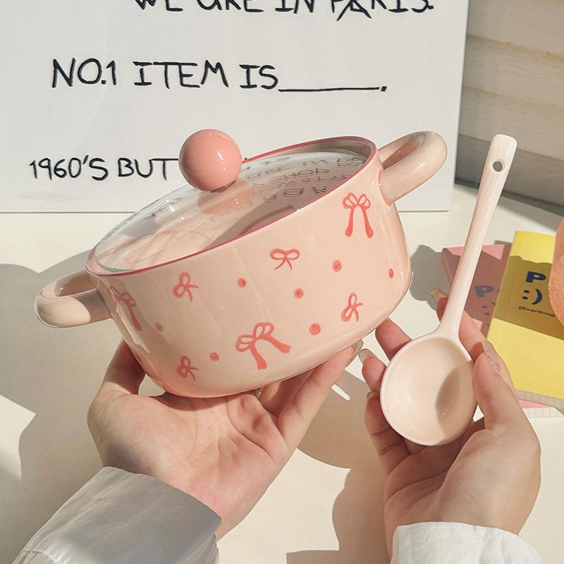 Girl's Heart Bow Binaural Ceramic Instant Noodle Bowl Student Dormitory Rice Bowl Large Capacity Microwave Oven Snail Powder Bowl