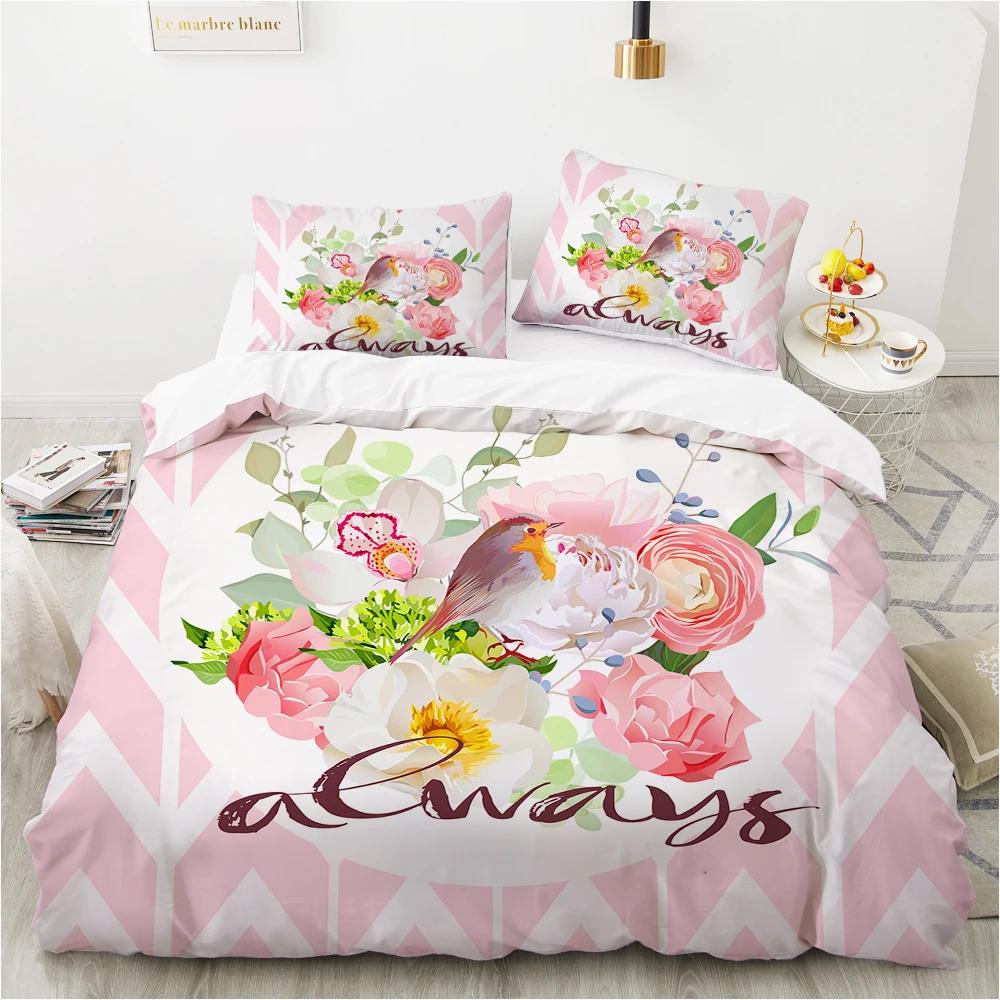 Flowers Parrot King Queen Duvet Cover Cartoon Birds Floral Bedding Set For Adults Animals Leaves 2/3Pcs Polyester Quilt Cover