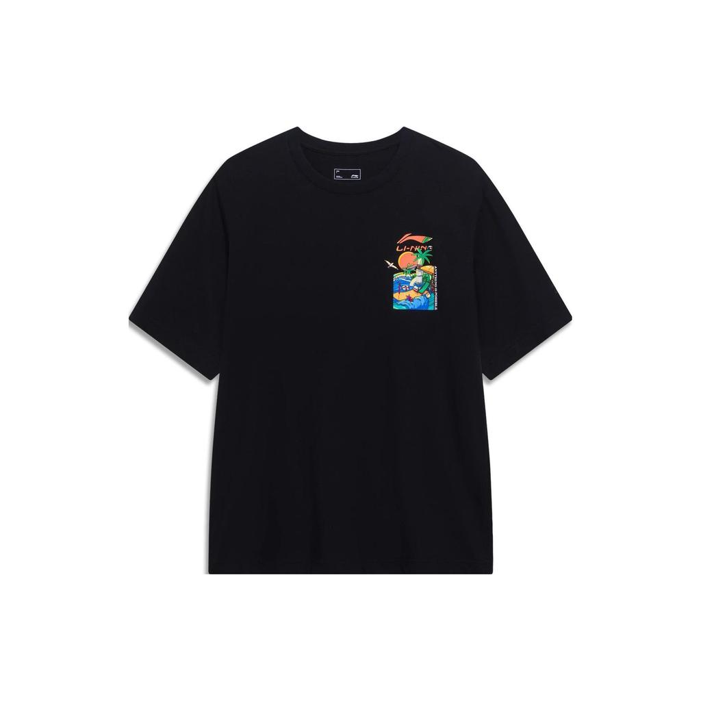Li Ning Sports Trendy Collection T Shirts Men's Black Crew Neck Moderate Straight Fit AHST177-4