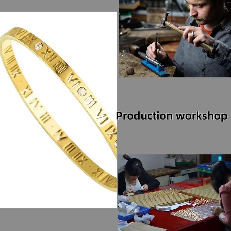 Luxury Women's Stainless Steel 18K Gold Plated Bracelet Waterproof Design with Roman Numeral Inlaid Zirconia for Gift