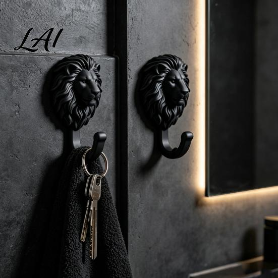 Drill Free Towel Hanger 2Pcs Lion-Head Wall Hooks 3D Printed Animal Shaped Hanger Self‑Adhesive Bathroom Accessories for Coat Key Hook,