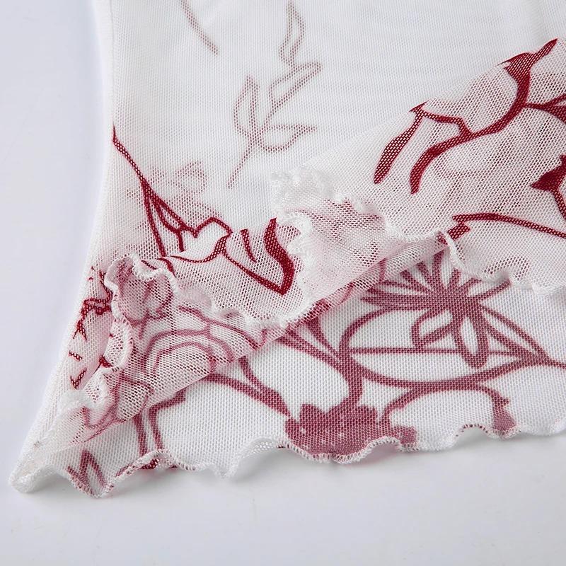 Sexy Transparent Mesh Camis Y2k Rosa Retro Blumendruck Ärmelloses Spitzenband Crop Top Frauen Casual Sommer Tees Harajuku