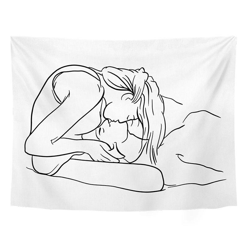 Line Art Couple Hands Heart Wall Tapestry White Background Minimalist Single Stroke Drawing Love Relationship Romantic