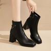 Outono/Inverno Novas Botas de Tornozelo Estilo Britânico Femininas - Bico Quadrado Borla Salto Grosso Decoração Diamante Zíper Lateral Botins