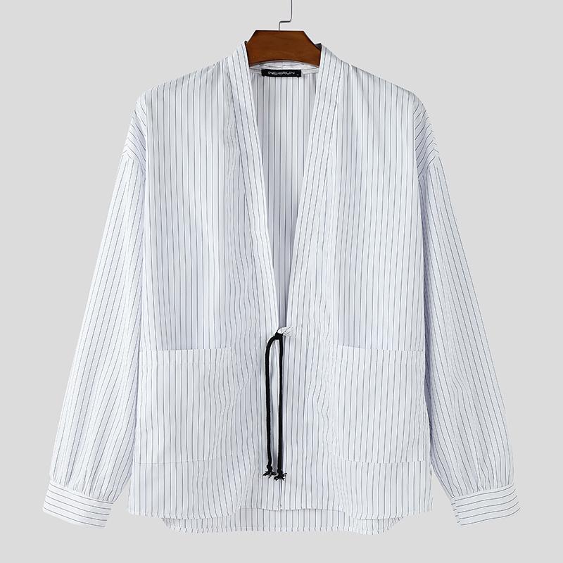 INCERUN S-5XL Men Long Sleeve Striped Open Front Cardigan Kimono Tops