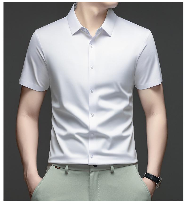 Pánská letní bezešvá košile s krátkým rukávem z ledového hedvábí - Prodyšná, jednobarevná, Business Casual, s krátkým rukávem.