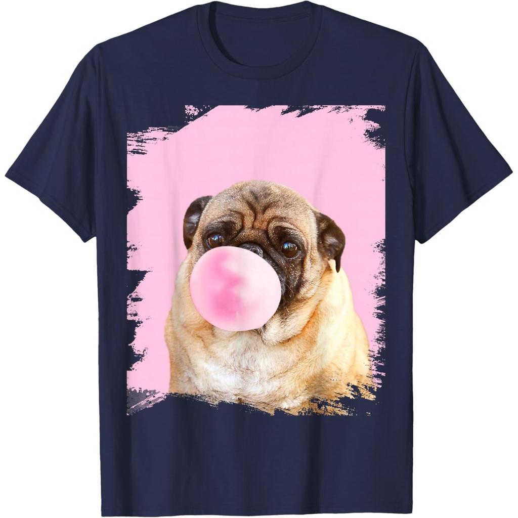 Pug Dog Chewing Pink Gum Graphic Tee Funny Animal Print Casual Crewneck Tshirt For Men