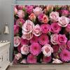 1Pc Pink Rose & Carnation Shower Curtain - Green Leaves, Polyester, 12 Hooks, Detailed Floral Design, Elegant Bathroom Decor