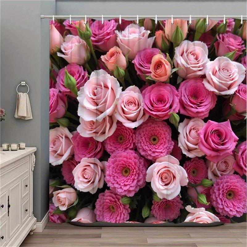 1Pc Pink Rose & Carnation Shower Curtain - Green Leaves, Polyester, 12 Hooks, Detailed Floral Design, Elegant Bathroom Decor