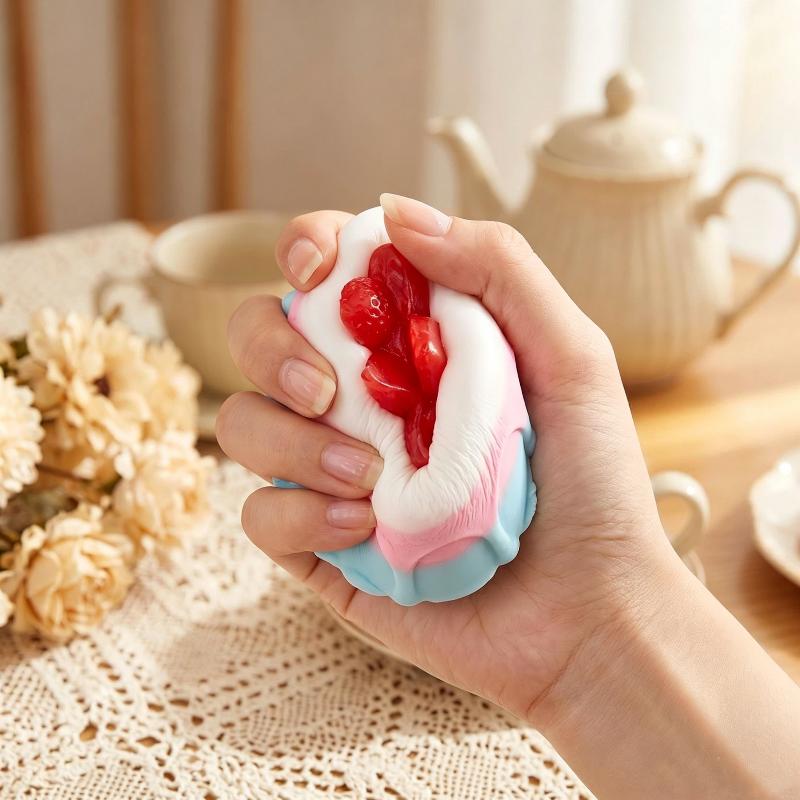 Soft Food Shaped Squeeze Toy Cute Strawberry Mousse Cake Design Stress Relief Toy for Desk Decor Relaxation Use