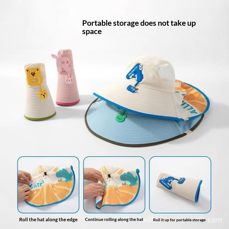 Breathable Large Brim Fisherman Hat With Windproof Rope Cartoon Children'S Sunscreen Hat Beach Hat Uv Protection Summer Thin