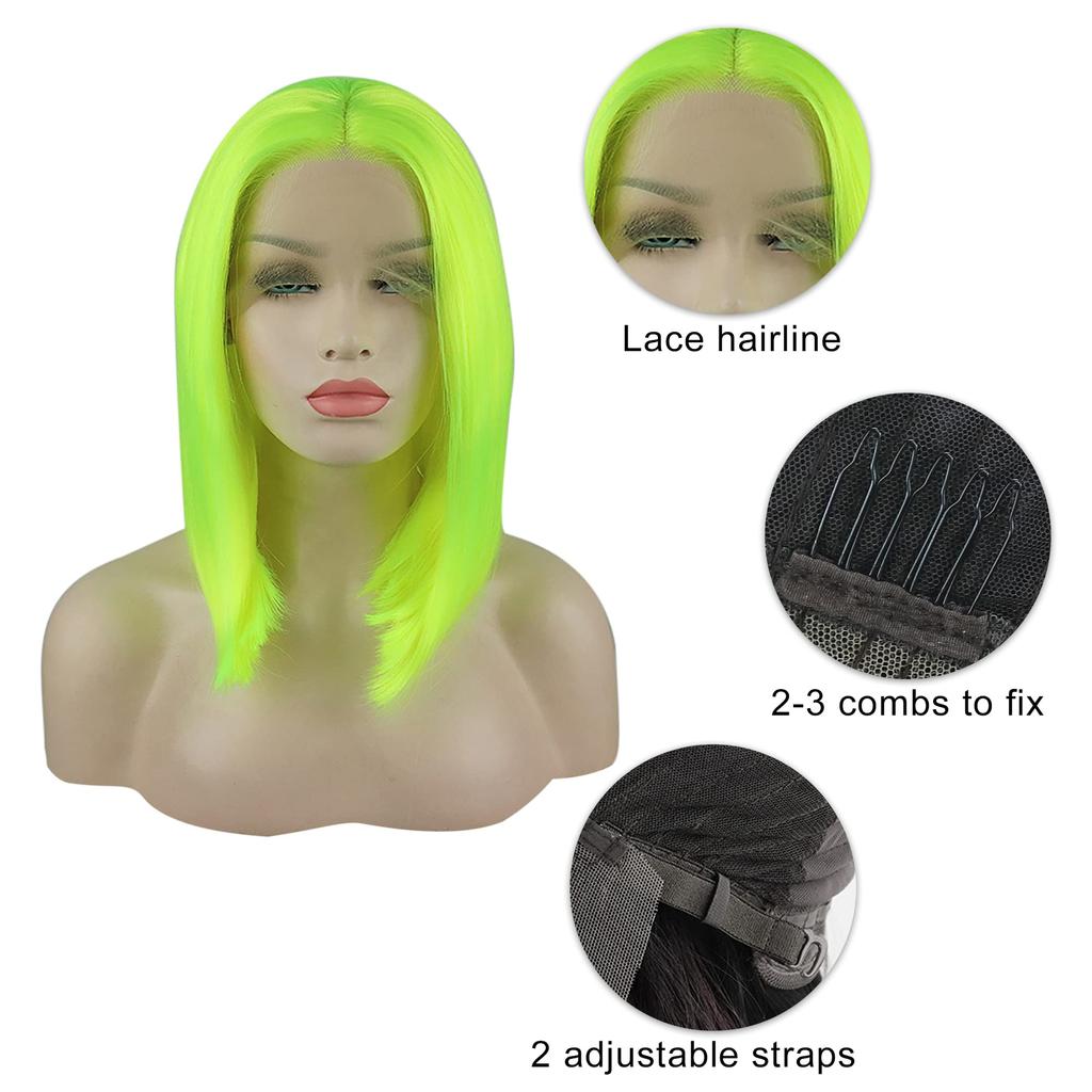 VOCOSTE Hitzebeständige Lace Front Perücke, Mittel-Lang Gerade Bob Perücke für Mädchen, 41cm, Fluoreszierendes Grün, für den täglichen Gebrauch