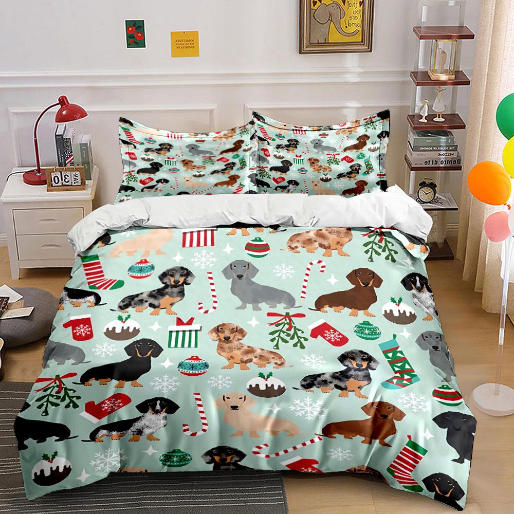 Christmas Dachshund Pattern Set Bedding Duvet Cover Set Duvet Cover Pillowcases (1*Duvet Cover 2*Pillowcases, without duvet insert)