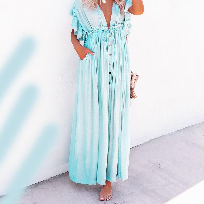 Solid Color Beach Cover-Up Long Dress with Sun Protection