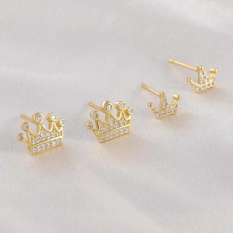 Cute Shiny Zircon Crown Stud Earrings For Women Metal Mini Small Gold Color Earring Wedding Jewelry Party Gift