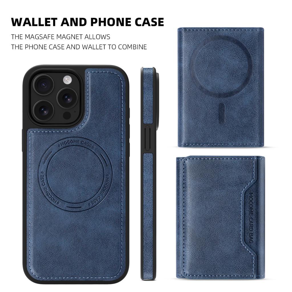 For iPhone 15 Pro Max Magnetic Case Leather Back Phone Cover with Detachable Card Bag