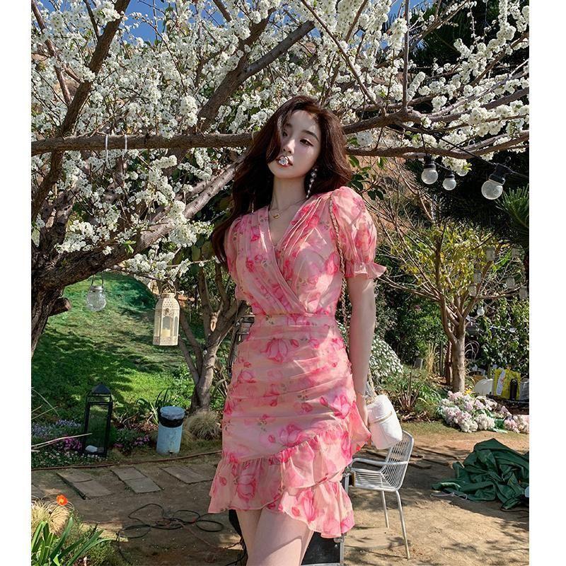 Floral Chiffon Dress for Women Summer New Slim Fit and Slim Temperament Hip Fishtail Short Skirt