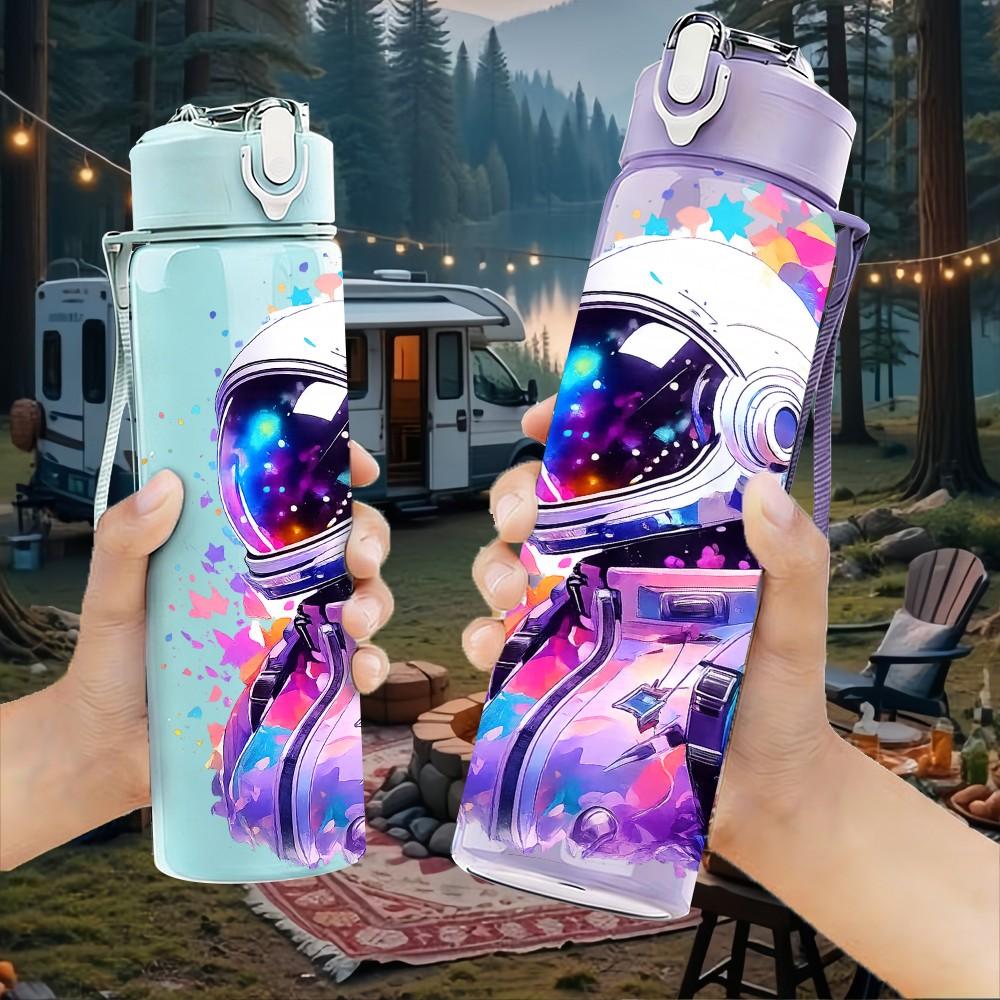 1PC Space Astronaut Galaxy Color Print 750ml Color Plastic Sports Water Bottle Leakproof Flip Straw Lid Suitable for Sports Office Home Use
