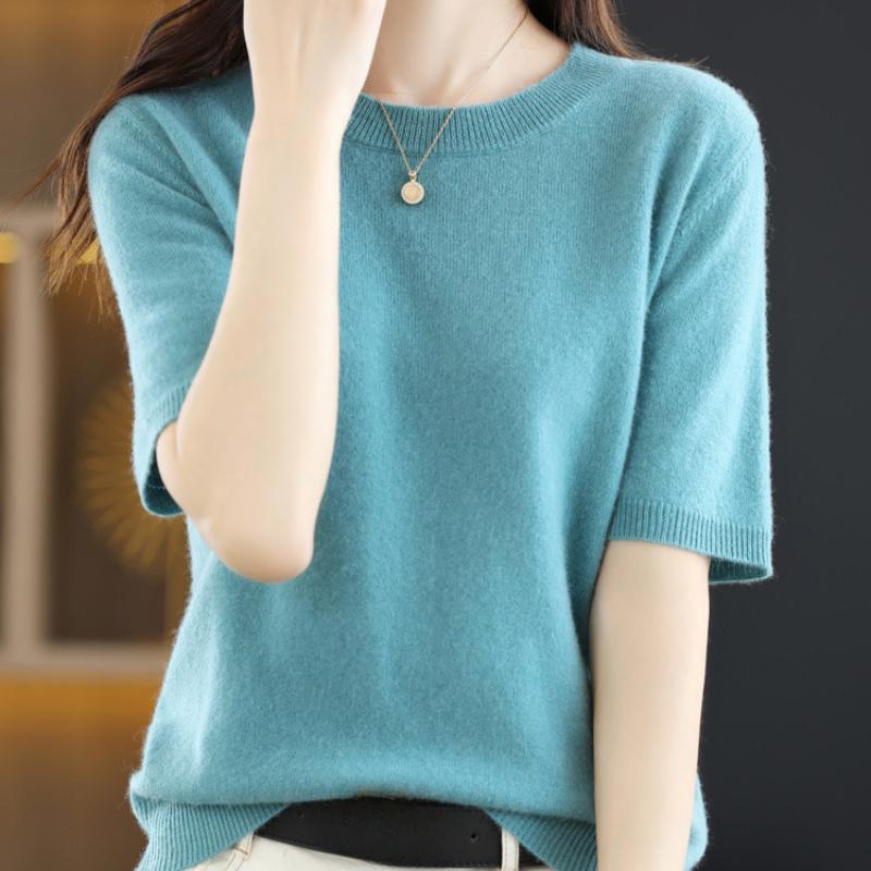 Women's Spring and Summer Short-sleeved Women O-neck Slim Pullover Vest T-shirt Knitted Base Sweater