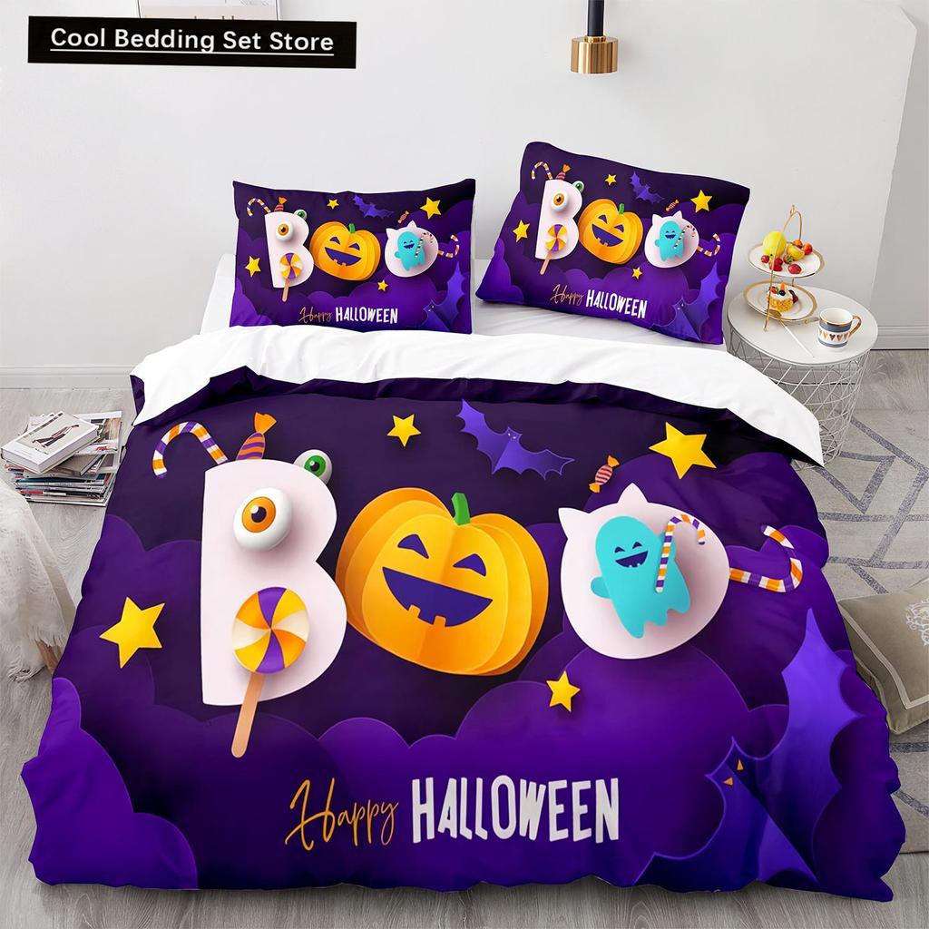 Halloween Boo King Queen Duvet Cover Cartoon Eyes Bedding Set for Kids Teens Adults Little Monster Ghost Polyester Quilt Cover